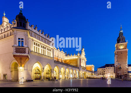 Krakow - Poland - April 22.  Cloth hall building in Krakow is located at big main square market. Evening picture with highlighte Stock Photo