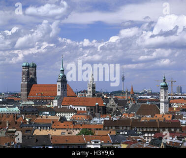 Germany, Upper Bavaria, Munich, town view, Church Our Lady, St. Peter, new city hall town view, towers, steeples, cathedral church to our dear woman, old Peter, television tower, architecture, places interest, structures, historically Stock Photo