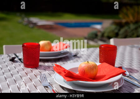 Sunlit patio garden scene with an outdoor swimming pool in the background Stock Photo