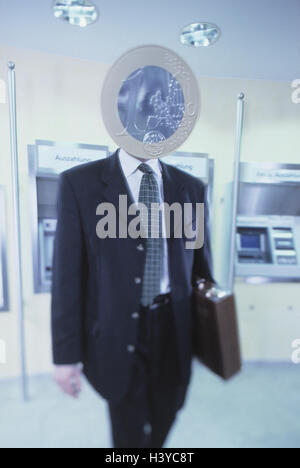 Composing, businessman, 'head', euro coin inside, bank, credit institute, occupation, banker, manager, man, briefcase, euro, 1 euro, 'Only money in the head', business, bancomat, banking secrecy, account monitoring, disclosure, obligation to information, Stock Photo