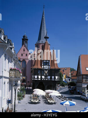 Germany, ode wood, Michel's town, city hall square, Old Town, street cafe, Hessen, town, summer, ode wood circle, aerial health resort, structure, architecture, church, steeple, town church, 14611-1537, half-timbered, pedestrian area, cafe, historical cit Stock Photo