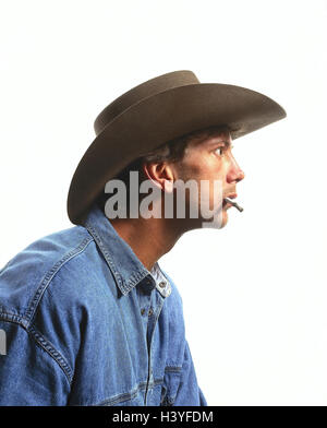 Man, stetson, cigarette, facial play, amazement, portrait, inside, young, jeans shirt, astonished, is surprised, fascination, entrancedly, stare, near, studio, cut out, preview