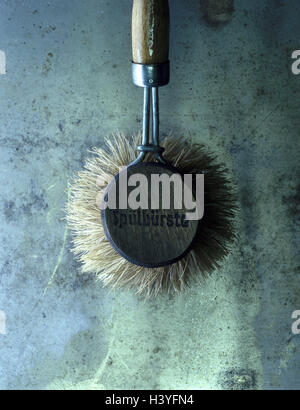 Washing-up brush, uses, household, cleaning implements, household articles, brush, wooden grip, cleanness, cleanness, clean, clean, clean, old, used, product photography, Still life Stock Photo