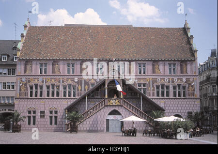 France, Alsace, Mulhouse, Place de la Reunion, city hall, street cafe, Europe, department Haut-Rhin, Mülhausen, town, city hall building, builds in 1552, doubles stairs, loggia, facade painting, artist, painter, Christian Bockstorffer, art, painting, rest Stock Photo