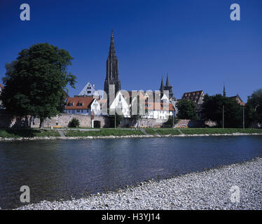 Germany, Ulm, town view, the Danube, cathedral, Europe, Baden-Wurttemberg, town, view, church, parish church, cathedral, structure, architecture, place of interest, river, gravel bank, gravel, summer, Super Swabian Barockstrasse, river Danube Stock Photo