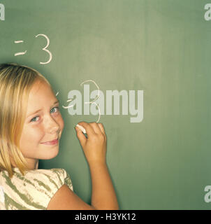blackboard, bills, results, girls, view shoulder, portrait, child, school child, schoolgirl, 8 years, school, notice board, test, practise, assignment, arithmetic assignment, lesson, mathematics, lessons, elementary school, school substance, lesson, bill, Stock Photo