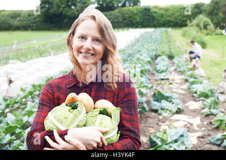 Woman Working On Organic Farm Holding Produce Stock Photo