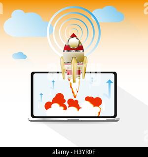 Concept. Project start up - launch illustration on yellow background,,Space Roket Modern Flat Design Stock Vector