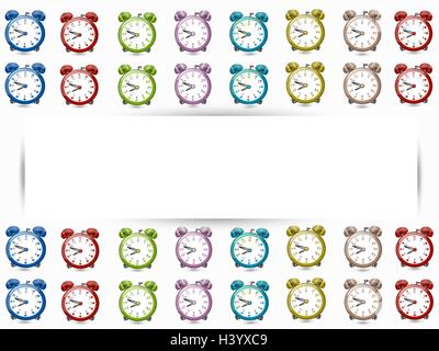 Big redblue alarm clock with pattern coloured redblue alarm clocks and numbers on white background,cartoon Stock Vector