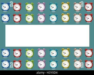 Big redblue alarm clock with pattern coloured redblue alarm clocks and numbers on white background,cartoon Stock Vector