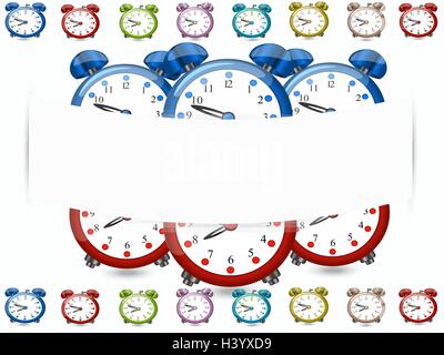 Big redblue alarm clock with pattern coloured redblue alarm clocks and numbers on white background,cartoon Stock Vector