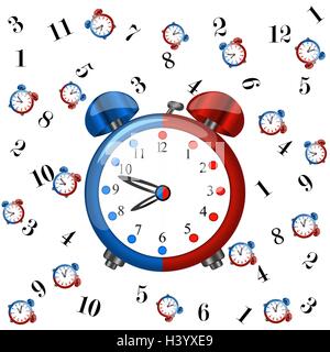 Big redblue alarm clock with pattern coloured redblue alarm clocks and numbers on white background,cartoon Stock Vector