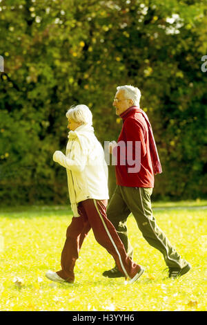 Meadow, Senior couple, jogging, side view, senior citizens, Best Age, leisurewear, leisure time, fitness, fit, agile, jog, run, prompt running, initiative, together, sport, sportily, motion, activity, vitality, cycle, edge the forest, autumn, season, autu Stock Photo