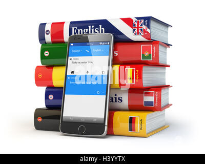 E-learning. Mobile dictionary. Learning languages online. Smartphone with books. 3d illustration Stock Photo