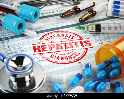 Hepatitis disease diagnosis. Stamp, stethoscope, syringe, blood test and pills on the clipboard with medical report. Stock Photo