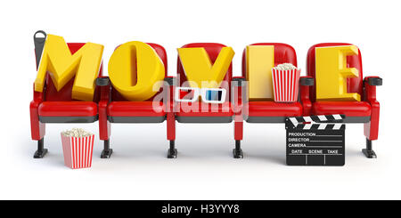 Cinema, movie video concept. Row of seats with popcorm, glasses and clapper board isolated on white. 3d illustration Stock Photo