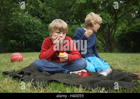 Brothers sitting on blanket in park Stock Photo