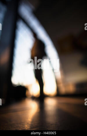 Low angle view of businessman standing on railroad station platform during sunset Stock Photo