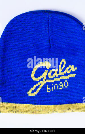 Bingo prize - Gala Bingo blue and yellow beanie hat on white background Stock Photo