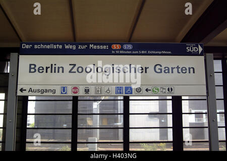 Germany, Berlin, railway station, zoological garden, sign, signpost, Europe, town, capital, hard mountain space, station building, railway station zoo, stop, trajectory, sign, tip, information, point out, inform, product photography Stock Photo