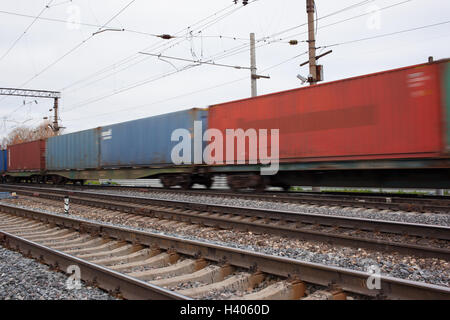 Railway in fog on station, outdoor landscape Stock Photo