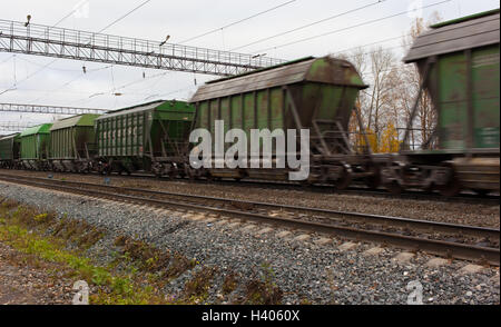 Railway in fog on station, outdoor landscape Stock Photo