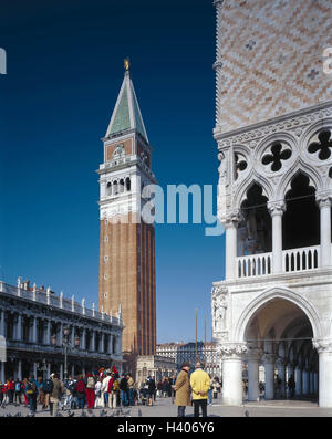 Italy, Venice, St. Mark's Square, Doge's Palace, Campanile, detail, tourist, Europe, Veneto, lagoon town, town, Piazzetta San Marco, tower, structure, clock tower, palace, arcade, Arco Foscari, Eve's sculpture Antonio Rizzo, place of interest, culture, architecture, destination, holiday destination, tourist attraction, tourism Stock Photo