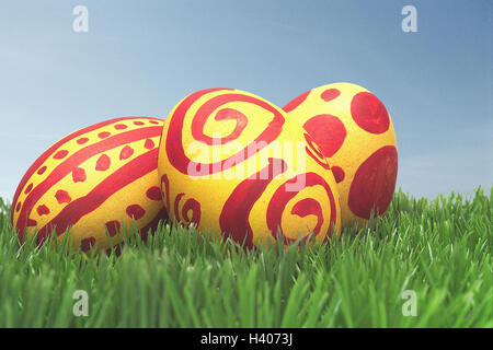 Easter, meadow, Easter eggs, red-yellow, Easter feast, Easter time, turf, grass, art turf, eggs, colourfully, hand-painted, paints, coloured, patterned, sample, adornment, decoration, Easter decoration, Deko, traditions, Easter traditions, tradition, Still life, product photography Stock Photo