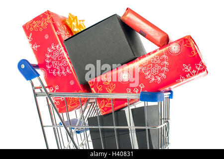 shopping cart with presents in red and black isolated on white Stock Photo