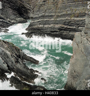 Portugal, Algarve, Vila Nova de Milfontes, coast, sea, surf, Europe, Südwesteuropa, Iberian peninsula, coastal region, Atlantic coast, rock, bile coast, sea, water, waves, the Atlantic, Atlantic, swell, stormily, disturbedly, foam, froth, nature, scenery, Stock Photo