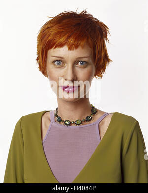Woman, young, hairs red, eyes, blue, portrait, women, studio, cut out, fashion, red-haired, short hair hairstyle, view, camera, Stock Photo