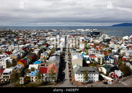 aerial view over the old town and city of reykjavik Iceland Stock Photo