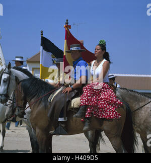 Spain, Andalusia, province Huelva, tablespoon Rocio, Whitsun Romeria tablespoon Rocio, bleed, clothes, traditionally, no model release!, Europe, Südwesteuropa, Iberian peninsula, Southern Spain, tradition, folklore, feast to honour the virgin, Pentecost, believers, faith, religiousness, traditions, horses, men, woman, ride, flags, flags, traditionally, participants Stock Photo