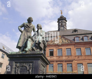 Europe, national monument, monument, statue, bronze statue, bronze, bronze socket builds in 1723 - in 1733 Germany, Hessen, Hanau, brothers Grimm monument, in 1896, new town-dweller city hall, classicism, sculptor Syriu Eberle, whole height 6.45 m, archit Stock Photo