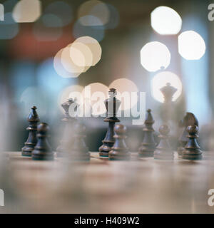 Chess springboard, detail, figures, black, LFX, parlour game, board game, game, chess, chess, game figures, chess pieces, strategy, strategy game, tactics, line-up, beginning position, mental exercise, leisure activity, activity, leisure time, hobby, Stil Stock Photo