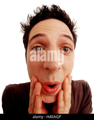 Man, young, expression, is surprised, surprises, gesture, portrait, teens, teenager, young person, look, amazes, there are astonished, surprise, grimace, cut outs, studio, wide angle, Stock Photo