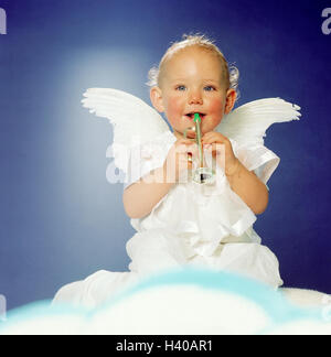 Infant, angel, cloud, sit, play the trumpet, studio, inside, child, small, angel's costume, lining, panels, x-mas, Christmas, infant Jesus, happy, smiles, makes music, Tröte, angel's wing, little angel Stock Photo