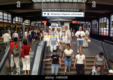 Germany, Berlin, railway station, zoological garden, stairs, passengers, no model release, Europe, town, capital, hard mountain space, station building, railway station zoo, stop, trajectory, stairs rising, steps, people, tourists, motion, outside Stock Photo