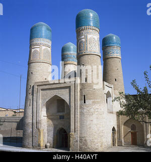 Uzbekistan, Bukhara, Char-Minar, Asia, Central Asia, Özbekiston Jumhuriyati, Buhoro, town, part town, city centre, Old Town, building, structure, architecture, historic architectural monument, place of interest, Tschar-Minar, dome minarets, minarets, towers, four, domes, turquoise, builds in 1807 Stock Photo