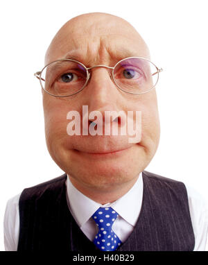 Man, bald head, glasses, shirt, waistcoat, tie, facial play, grimace, portrait, makes unfamiliar Men, head, bald, shaves, hairlessly, look, dogged, seriously, distorts, studio, cut out, near, Stock Photo