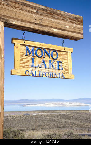 The USA, California, Mono brine, sign, America, North America, west coast, scenery, lake, waters, sign, wooden sign, information, tip, rest, silence, deserted, remote