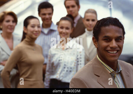 Businessman, in Indian, background group, employee, business, office, manager, entrepreneur, team leader, manager, head department, team conductor, skilled worker, served, computer specialist, computer expert, IT expert, head department, Indian, Greencard Stock Photo