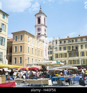 France, Riviera, Côte d'Azur, Nice, town view, Old Town 'Vieux Nice', Place you palace, palace Rusca, flea market, Europe, France, coast, Département Alpes-Maritimes, Mediterranean coast, French Riviera, coast, coastal place, Nice, town, space, Place-du-P Stock Photo
