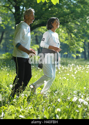 Park, meadow, Senior couple, jog, run side view couple, senior citizens, Best Age, together, fun, motion, actively, activity, fit, fitness, vital, vitality, sportily, sport, enjoy running, jogging, summer, outside, nature, whole body Stock Photo