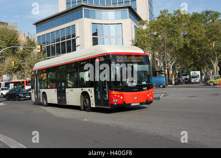 An Irisbus Citelis 12 GNC fitted with Castrosua CS.40 Versus bodywork travels along Avinguda Diagonal Barcelona. Stock Photo