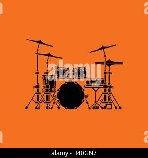 Drum set icon. Orange background with black. Vector illustration. Stock Vector