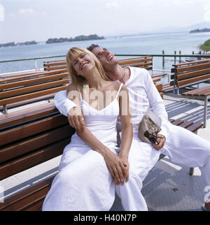 Excursion boat, deck, saddles, couple, embrace, recreation, vacation, leisure time, boat tour, boat trip, partnership, respect, clothes white, sit, love, falls in love, happy, enjoy, rest, take it easy, togetherness, harmony, feeling, nestle up, satisfact Stock Photo