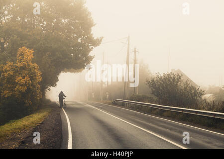 Empty rural highway in autumn foggy morning, warm vintage tonal correction effect, old style photo filter