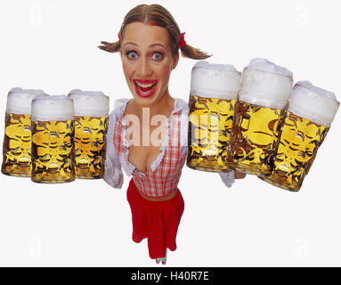 Woman, young, dirndl, Dekollete, facial play, beer mugs, carry women, studio, happy, beer, waitress, service, cut out, serve, plaits, irritated, strenuous, strain, view, camera, mouth, openly, Stock Photo