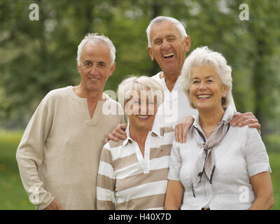 Senior couples, two, happy, half portrait, summer, outside, excursion, vacation, retirement, retirement age, leisure time, recreation, rest, old person, senior citizens, pensioners, 60-70 years, four, men, women, friends, couples, happy, contently, active Stock Photo